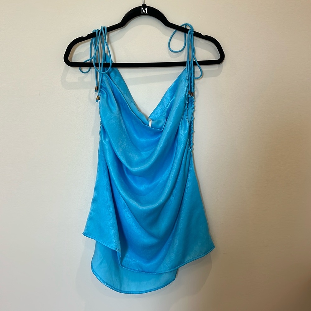 Free People Blue Cowl Neck Satin Tank Top Adjustable Tie Straps